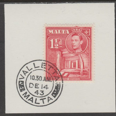 Malta 1938 KG6 Hypogeum 1.5d scarlet on piece cancelled with full strike of Madame Joseph forged postmark type 250
