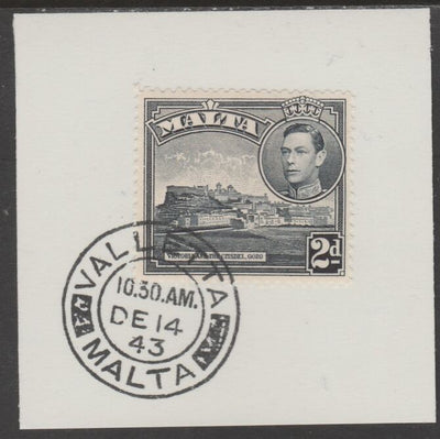 Malta 1938 KG6 Victoria & Citadel 2d slate-black on piece cancelled with full strike of Madame Joseph forged postmark type 250