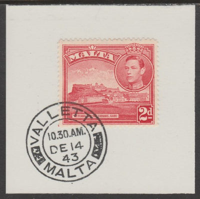 Malta 1938 KG6 Victoria & Citadel 2d scarlet on piece cancelled with full strike of Madame Joseph forged postmark type 250