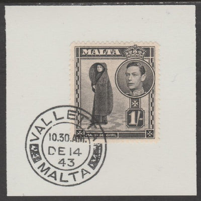 Malta 1 938 KG6 Maltese Girl 1s on piece cancelled with full strike of Madame Joseph forged postmark type 250