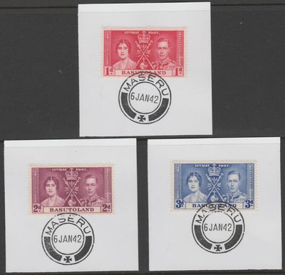 Basutoland 1937 KG6 Coronation set of 3 each on individual piece cancelled with full strike of Madame Joseph forged postmark type 53