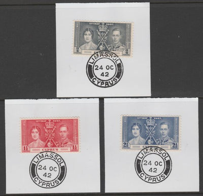 Cyprus 1937 KG6 Coronation set of 3 each on individual piece cancelled with full strike of Madame Joseph forged postmark type 137