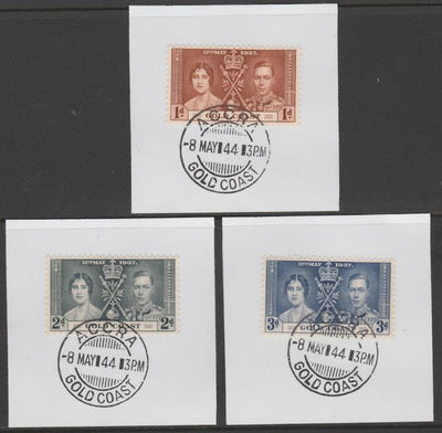Gold Coast 1937 KG6 Coronation set of 3 each on individual piece cancelled with full strike of Madame Joseph forged postmark type 198