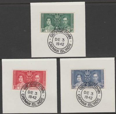 Cayman Islands 1937 KG6 Coronation set of 3 each on individual piece cancelled with full strike of Madame Joseph forged postmark type 116