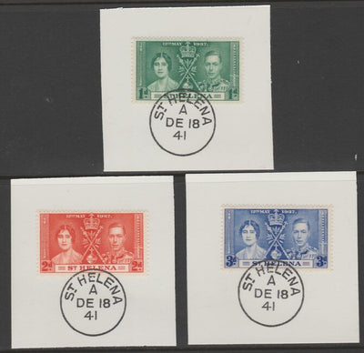 St Helena 1937 KG6 Coronation set of 3 each on individual piece cancelled with full strike of Madame Joseph forged postmark type 344