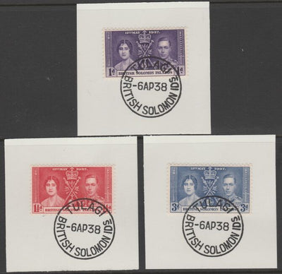Solomon Islands 1937 KG6 Coronation set of 3 each on individual piece cancelled with full strike of Madame Joseph forged postmark type 96