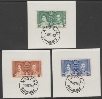 Bahamas 1937 KG6 Coronation set of 3 each on individual piece cancelled with full strike of Madame Joseph forged postmark type 37