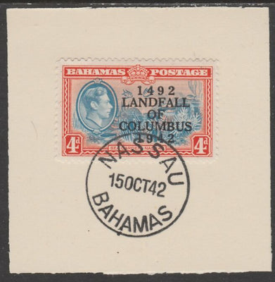 Bahamas 1942 KG6 Landfall of Columbus 4d on individual piece cancelled with full strike of Madame Joseph forged postmark type 37