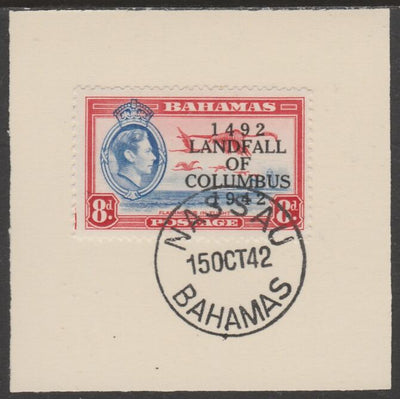 Bahamas 1942 KG6 Landfall of Columbus 8d on individual piece cancelled with full strike of Madame Joseph forged postmark type 37