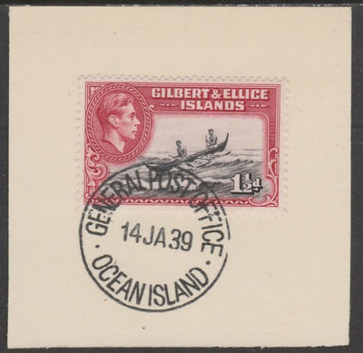 Gilbert & Ellice Islands 1939 KG6 definitive 1.5d Canoe on piece cancelled with full strike of Madame Joseph forged postmark type 191