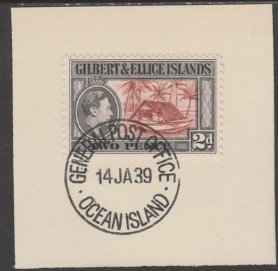Gilbert & Ellice Islands 1939 KG6 definitive 2d Canoe on piece cancelled with full strike of Madame Joseph forged postmark type 191