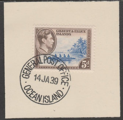 Gilbert & Ellice Islands 1939 KG6 definitive 5d Canoe on piece cancelled with full strike of Madame Joseph forged postmark type 191