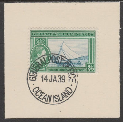 Gilbert & Ellice Islands 1939 KG6 definitive 2s6d Canoe on piece cancelled with full strike of Madame Joseph forged postmark type 191