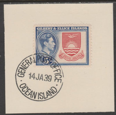 Gilbert & Ellice Islands 1939 KG6 definitive 5s Coat of Arms on piece cancelled with full strike of Madame Joseph forged postmark type 191