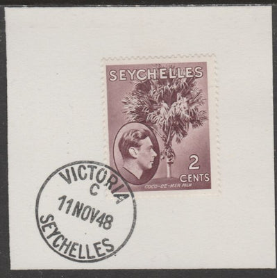 Seychelles 1938 KG6 2c purple-brown on piece cancelled with full strike of Madame Joseph forged postmark type 389