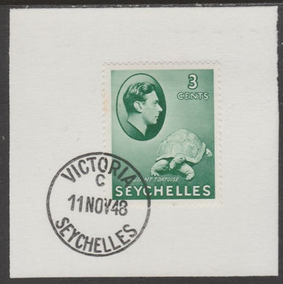 Seychelles 1938 KG6 3c green on piece cancelled with full strike of Madame Joseph forged postmark type 389