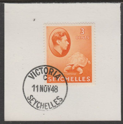 Seychelles 1938 KG6 3c orange on piece cancelled with full strike of Madame Joseph forged postmark type 389