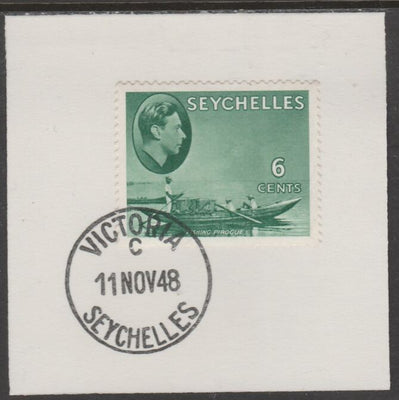 Seychelles 1938 KG6 6c green on piece cancelled with full strike of Madame Joseph forged postmark type 389