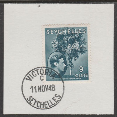 Seychelles 1938 KG6 9c dull blue on piece cancelled with full strike of Madame Joseph forged postmark type 389