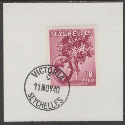Seychelles 1938 KG6 18c carmine on piece cancelled with full strike of Madame Joseph forged postmark type 389