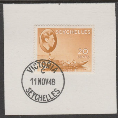 Seychelles 1938 KG6 20c ochre on piece cancelled with full strike of Madame Joseph forged postmark type 389