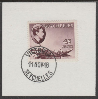 Seychelles 1938 KG6 45c chocolate on piece cancelled with full strike of Madame Joseph forged postmark type 389