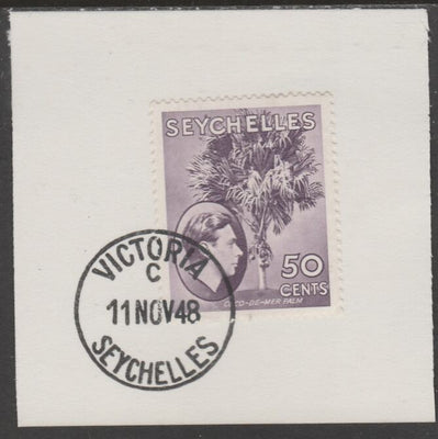 Seychelles 1938 KG6 50c violet on piece cancelled with full strike of Madame Joseph forged postmark type 389