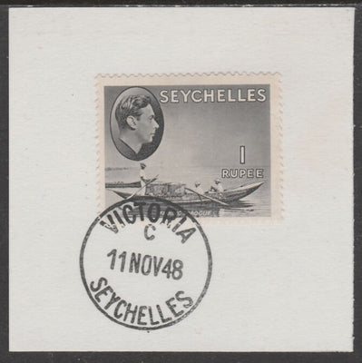 Seychelles 1938 KG6 1r grey-black on piece cancelled with full strike of Madame Joseph forged postmark type 389