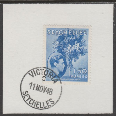 Seychelles 1938 KG6 1r50 ultramarine on piece cancelled with full strike of Madame Joseph forged postmark type 389