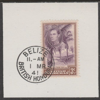 British Honduras 1938 KG6 3c pictorial def on piece cancelled with full strike of Madame Joseph forged postmark type 77