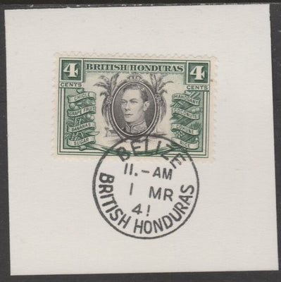 British Honduras 1938 KG6 4c pictorial def on piece cancelled with full strike of Madame Joseph forged postmark type 77