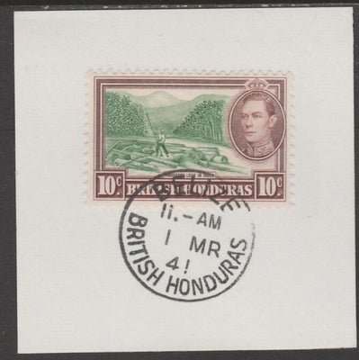 British Honduras 1938 KG6 10c pictorial def on piece cancelled with full strike of Madame Joseph forged postmark type 77