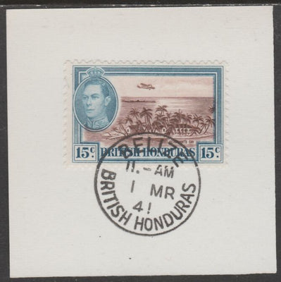 British Honduras 1938 KG6 15c pictorial def on piece cancelled with full strike of Madame Joseph forged postmark type 77