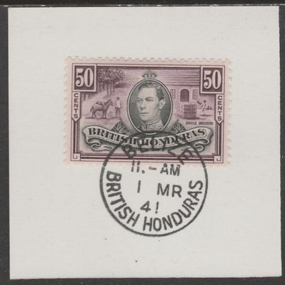 British Honduras 1938 KG6 50c pictorial def on piece cancelled with full strike of Madame Joseph forged postmark type 77