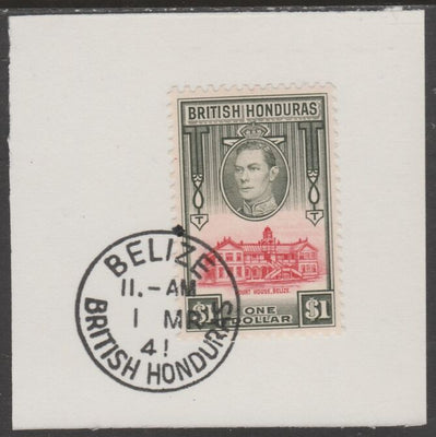 British Honduras 1938 KG6 $1 pictorial def on piece cancelled with full strike of Madame Joseph forged postmark type 77