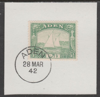 Aden 1937 Dhow 1/2a yellow-green on piece with full strike of Madame Joseph forged postmark type 3