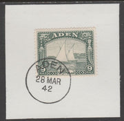 Aden 1937 Dhow 9pi deep green on piece with full strike of Madame Joseph forged postmark type 3