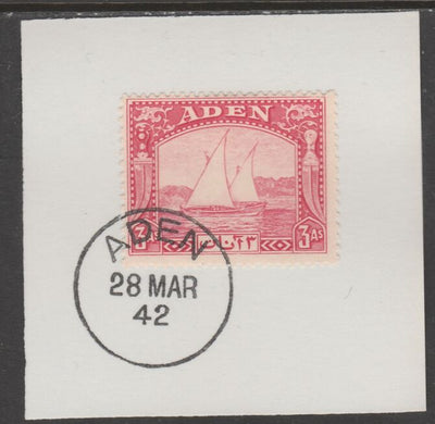 Aden 1937 Dhow 3a carmine on piece with full strike of Madame Joseph forged postmark type 3