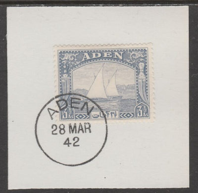 Aden 1937 Dhow 3.5a grey-blue on piece with full strike of Madame Joseph forged postmark type 3