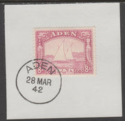 Aden 1937 Dhow 8a pale purple on piece with full strike of Madame Joseph forged postmark type 3