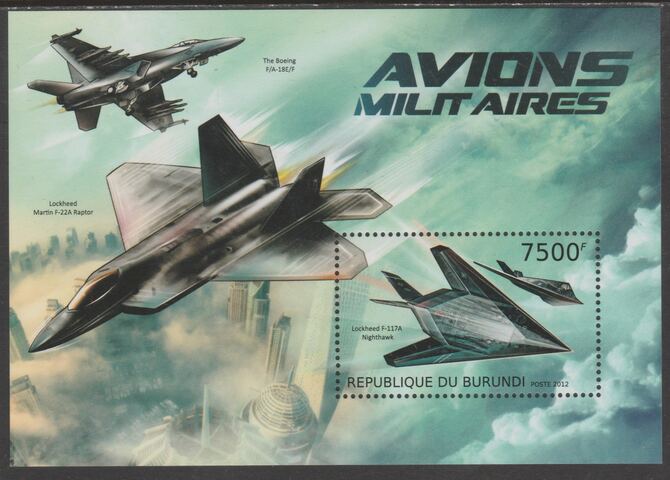 Burundi 2012 Military Aircraft perf souvenir sheet containing 1 value unmounted mint.