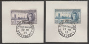 Falkland Islands Dependencies 1946 KG6 Victory set of 2 each on individual piece cancelled with full strike of Madame Joseph forged postmark type 158