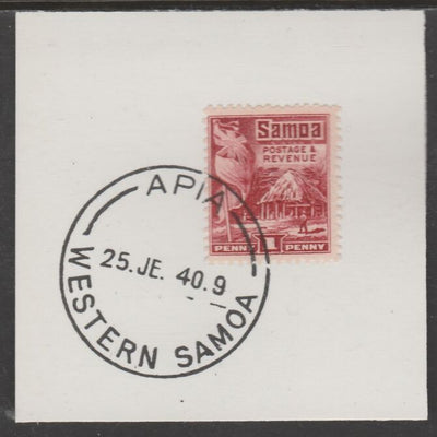 Samoa 1921 Native Hut 1d lake on piece cancelled with full strike of Madame Joseph forged postmark type 376