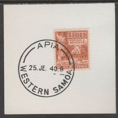 Samoa 1921 Native Hut 1.5d chestnut on piece cancelled with full strike of Madame Joseph forged postmark type 376
