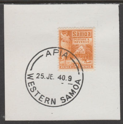 Samoa 1921 Native Hut 2d yellow on piece cancelled with full strike of Madame Joseph forged postmark type 376