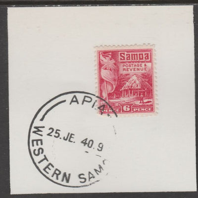 Samoa 1921 Native Hut 6d bright carmine on piece cancelled with full strike of Madame Joseph forged postmark type 376