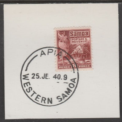 Samoa 1921 Native Hut 8d red-brown on piece cancelled with full strike of Madame Joseph forged postmark type 376