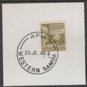 Samoa 1921 Native Hut 9d olive-green on piece cancelled with full strike of Madame Joseph forged postmark type 376