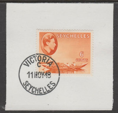 Seychelles 1938 KG6 6c orange on piece cancelled with full strike of Madame Joseph forged postmark type 389