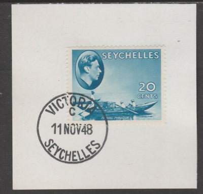 Seychelles 1938 KG6 20c blue on piece cancelled with full strike of Madame Joseph forged postmark type 389